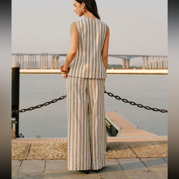 Commense Linen/Cotton Striped Vest & Mid-Waist Striped Wide-Leg Pants Set - Picture 2 of 16